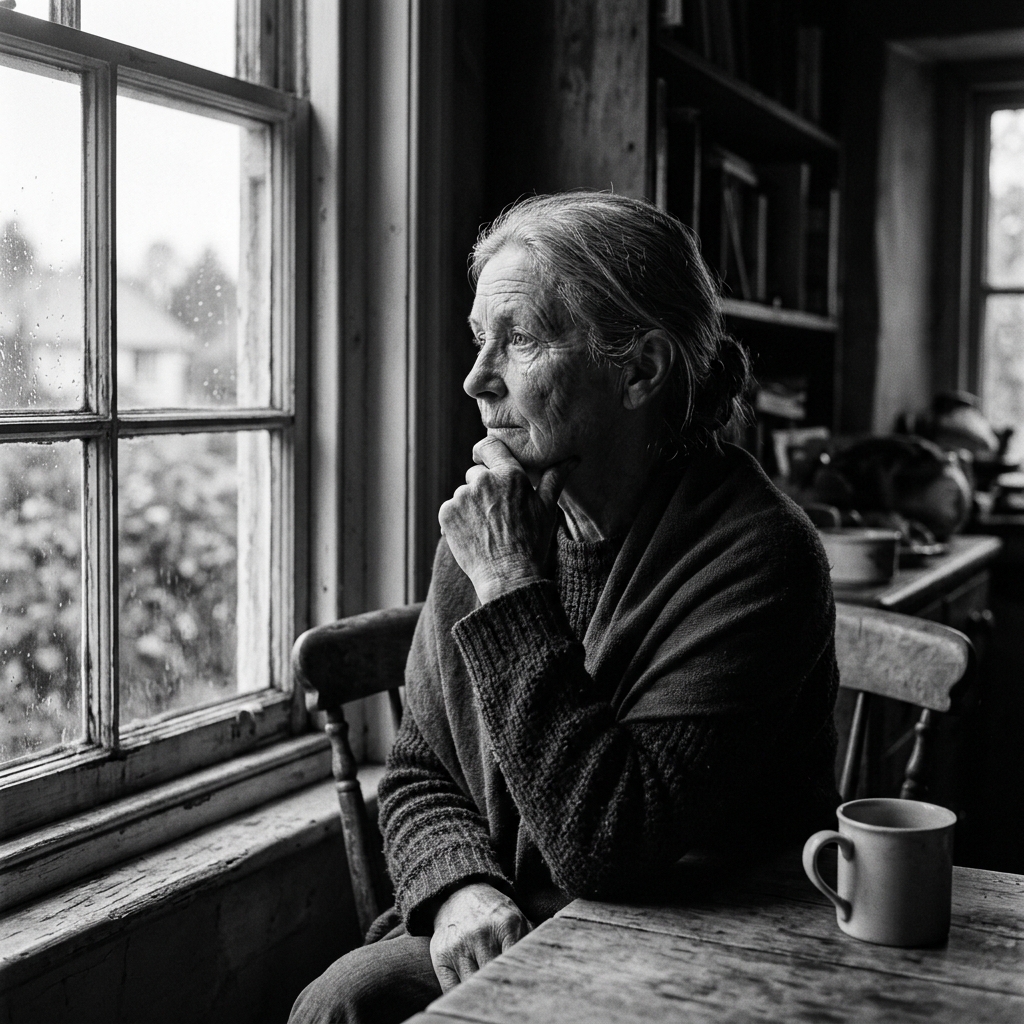 A poignant black-and-white portrait of an individual looking thoughtfully towards a window.
